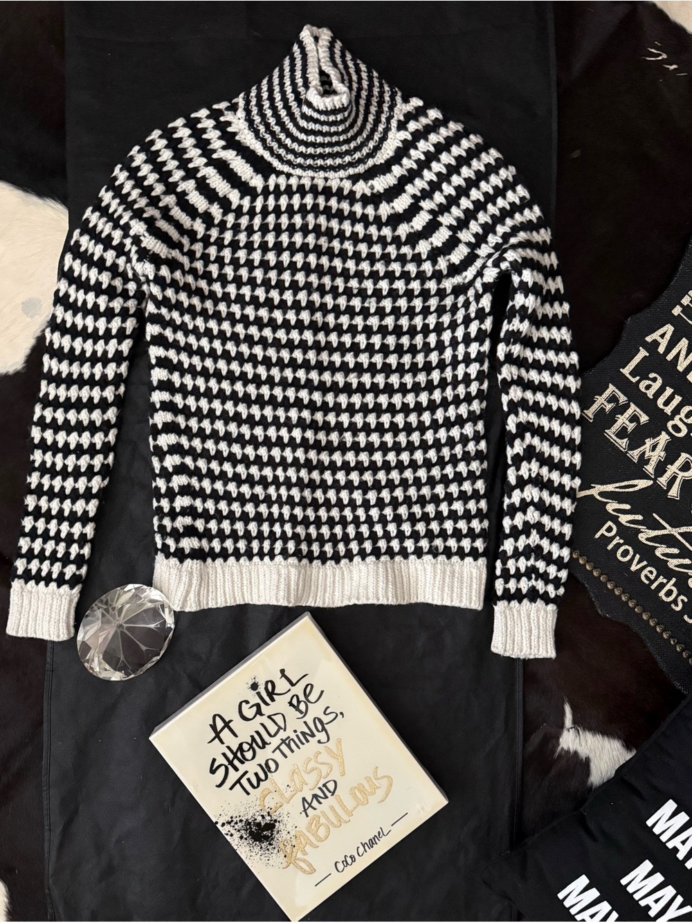 LOFT Black and White Striped Cowl Neck Sweater